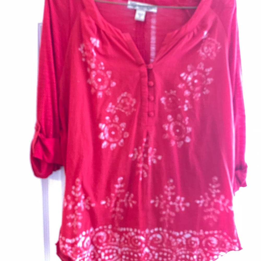 Red boho print tunic length top.  So cute on.  Size S